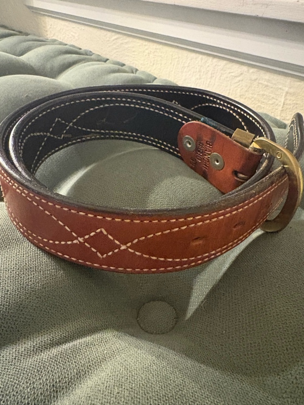 Bianchi Western Belt Brown Brass Buckle Geometric Stitching Men's ~ Size 45in - Picture 2 of 14